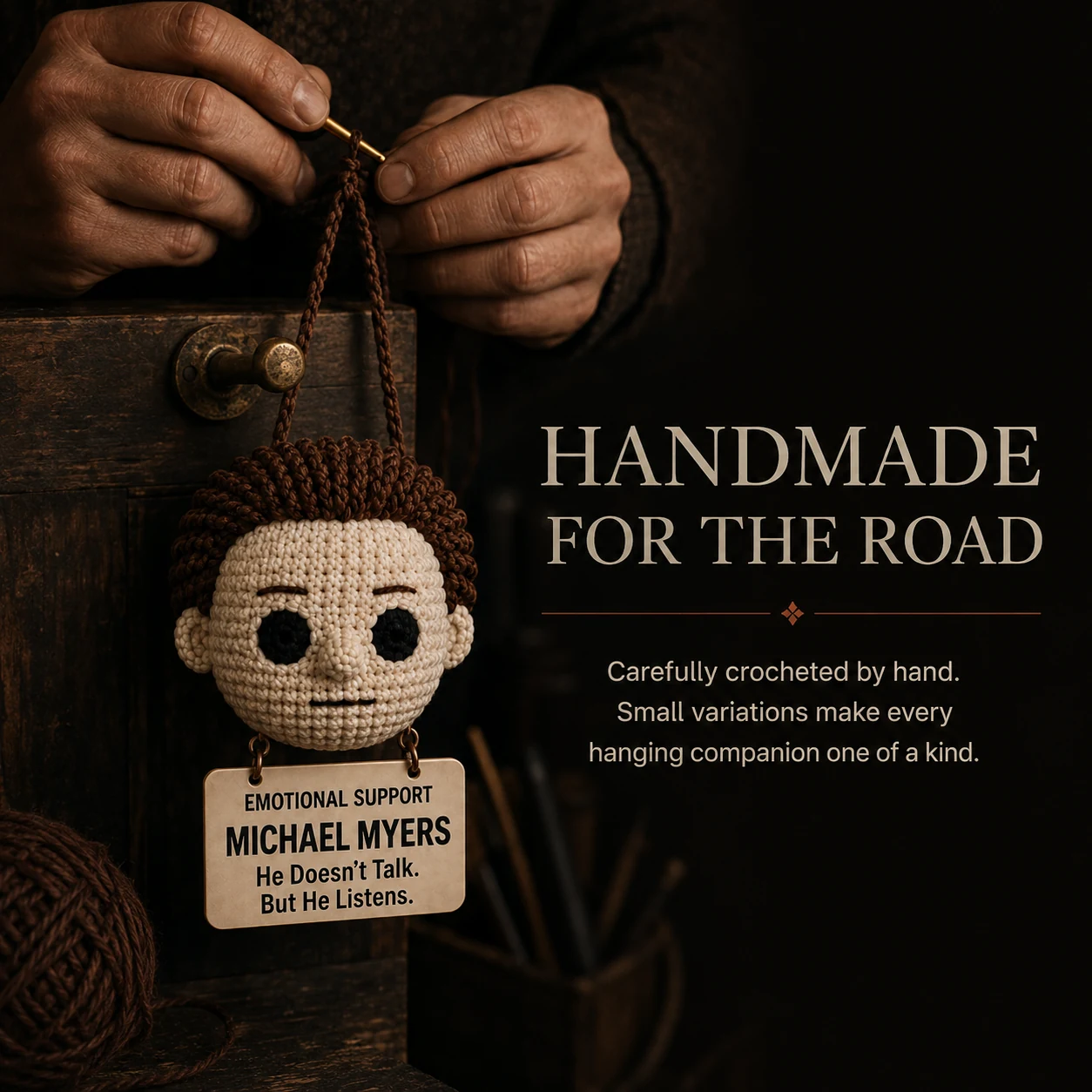 Handmade for the road — carefully crocheted car hanging companion