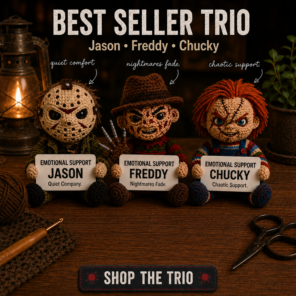 Best Seller Trio – Emotional Support Crochet Horror Bundle | Jason, Freddy & Chucky (15cm)