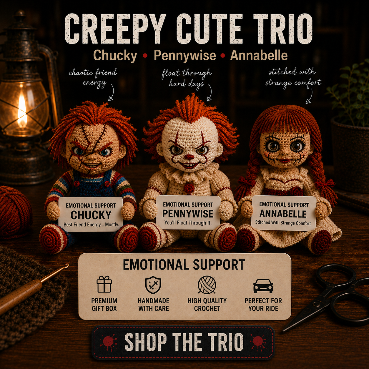 Creepy Cute Trio – Emotional Support Crochet Horror Bundle | Chucky, Pennywise & Annabelle (15cm)