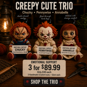 Creepy Cute Trio – Emotional Support Crochet Horror Bundle | Chucky, Pennywise & Annabelle (12cm)