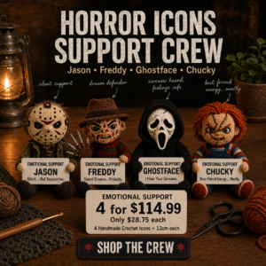 Horror Icons Support Crew – Emotional Support Crochet Bundle | Jason, Freddy, Ghostface & Chucky (12cm)