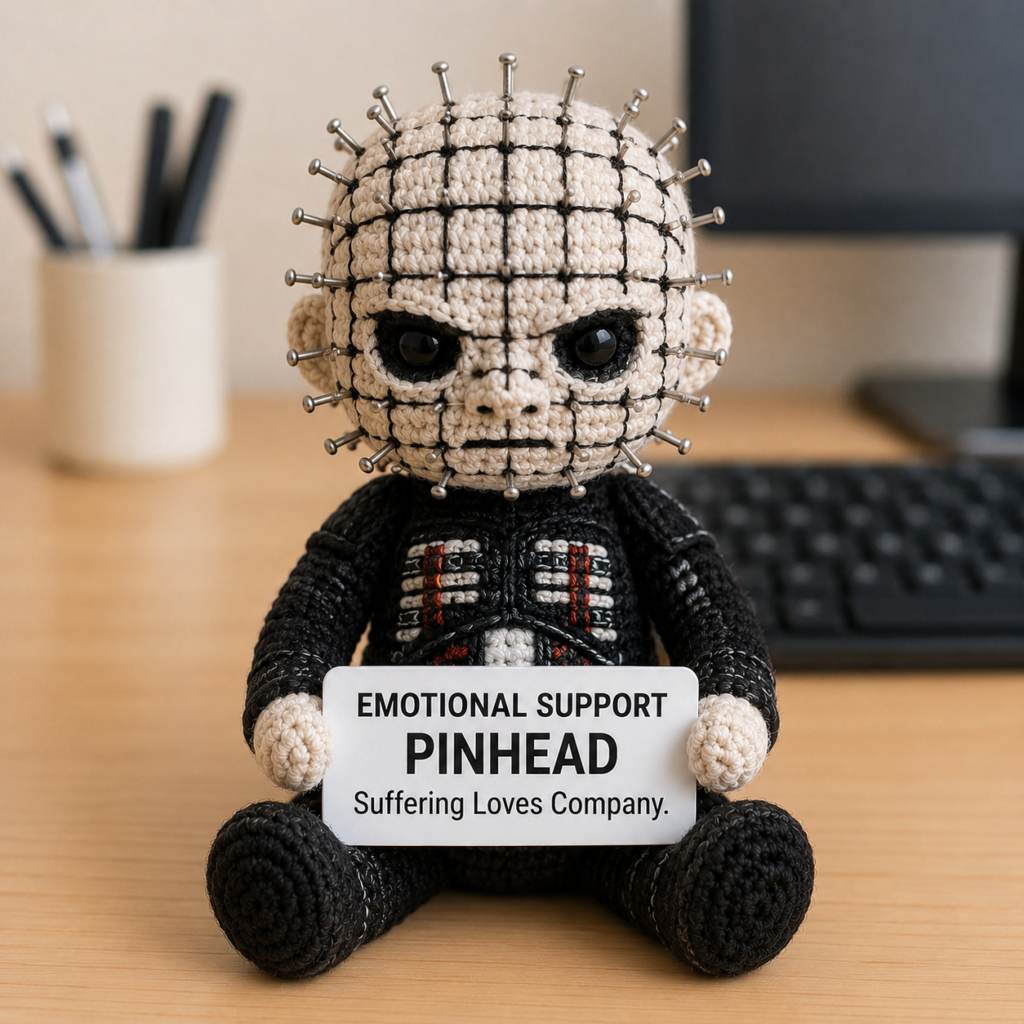 Emotional Support Pinhead (Suffering Loves Company Edition) - Handcrafted Crochet Horror Collector Doll(12 cm| 15 cm| 20 cm| 30 cm)