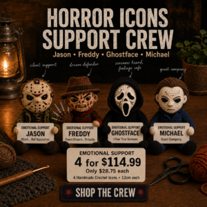 Horror Icons Support Crew – Emotional Support Crochet Bundle | Jason, Freddy, Ghostface & Michael (12cm)