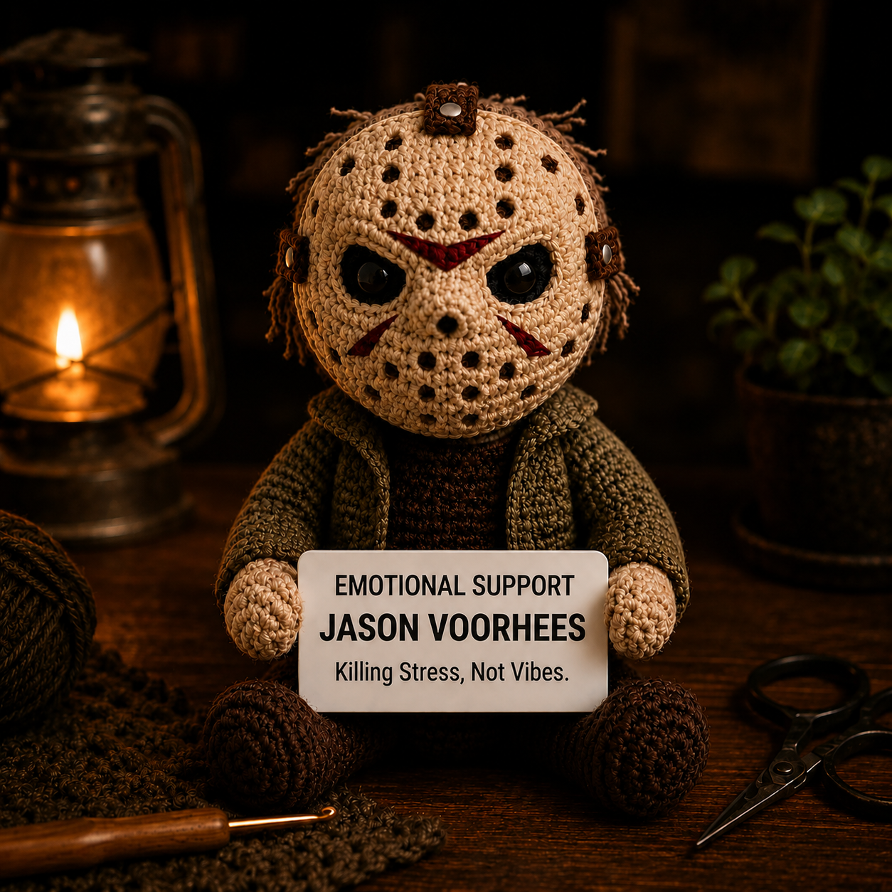 Emotional Support Jason Voorhees(Killing Stress, Not Vibes.) – Handcrafted Crochet Horror Collector Doll (12 cm | 15 cm | 20 cm | 30 cm)