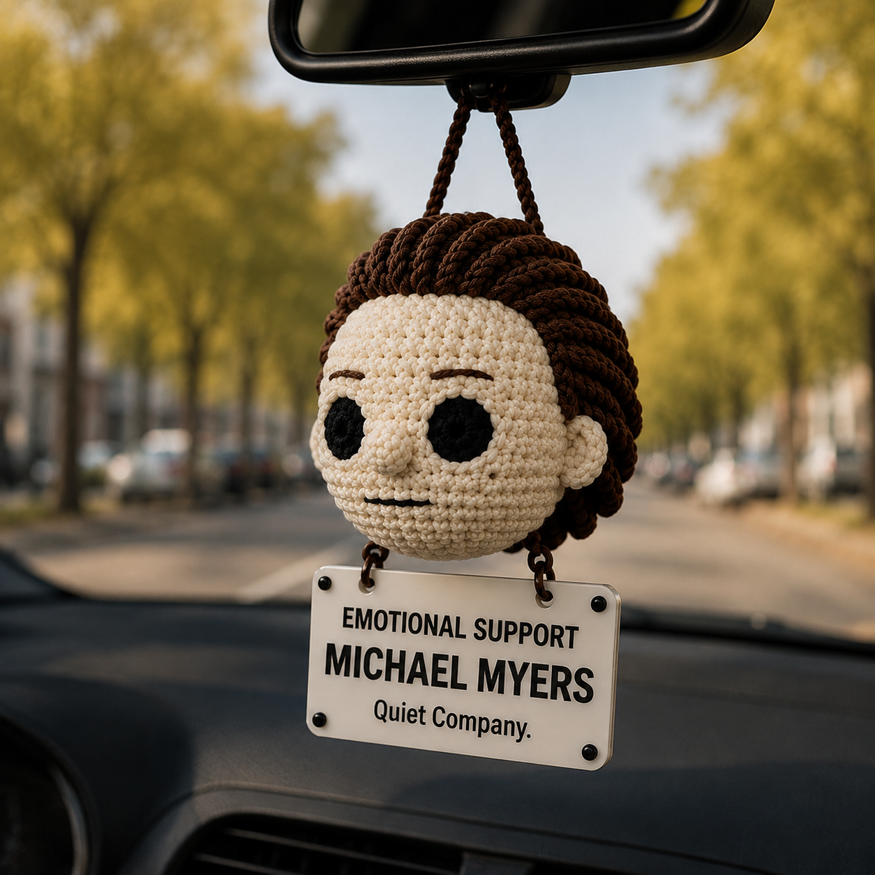 Emotional Support Michael Myers Crochet Car Hanging Ornament – Quiet Company - Image 3