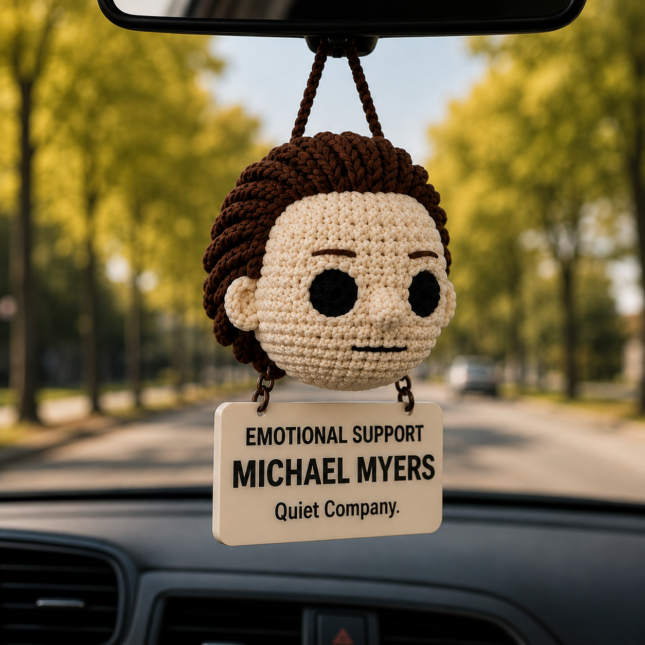 Emotional Support Michael Myers Crochet Car Hanging Ornament – Quiet Company - Image 2