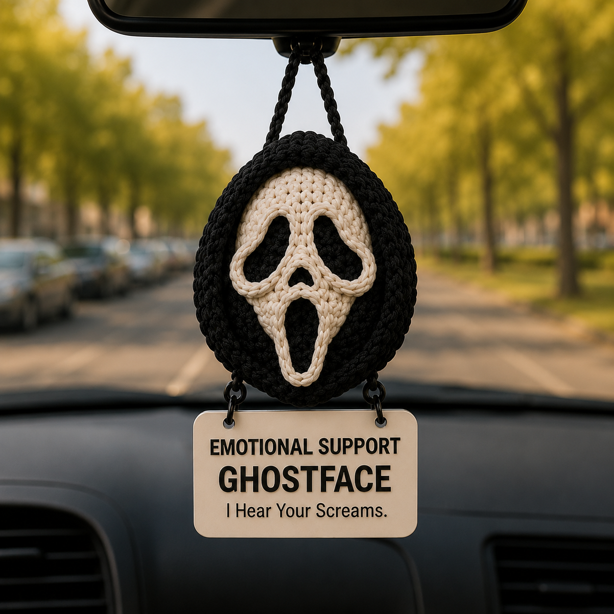 Emotional Support Ghostface Crochet Car Hanging Ornament – I Hear Your Screams