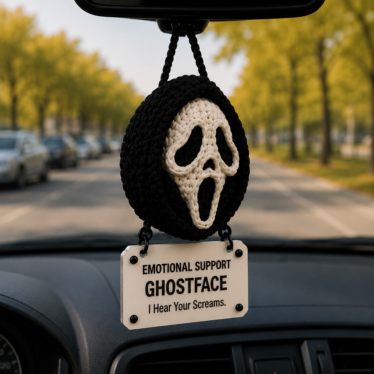 Emotional Support Ghostface Crochet Car Hanging Ornament – I Hear Your Screams - Image 3