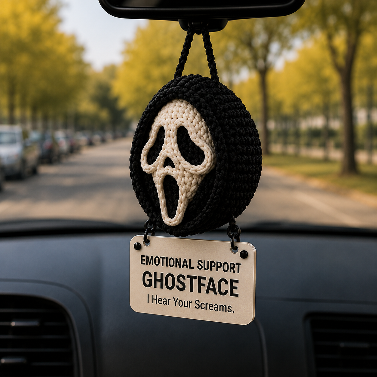 Emotional Support Ghostface Crochet Car Hanging Ornament – I Hear Your Screams - Image 2