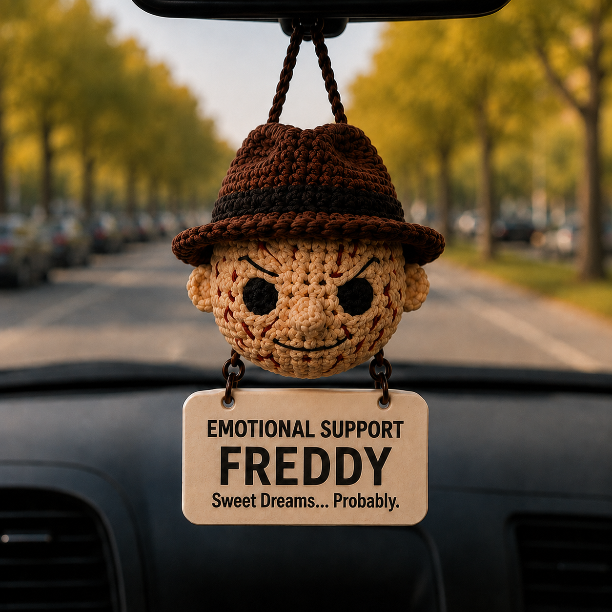 Emotional Support Freddy Crochet Car Hanging Ornament – Sweet Dreams... Probably