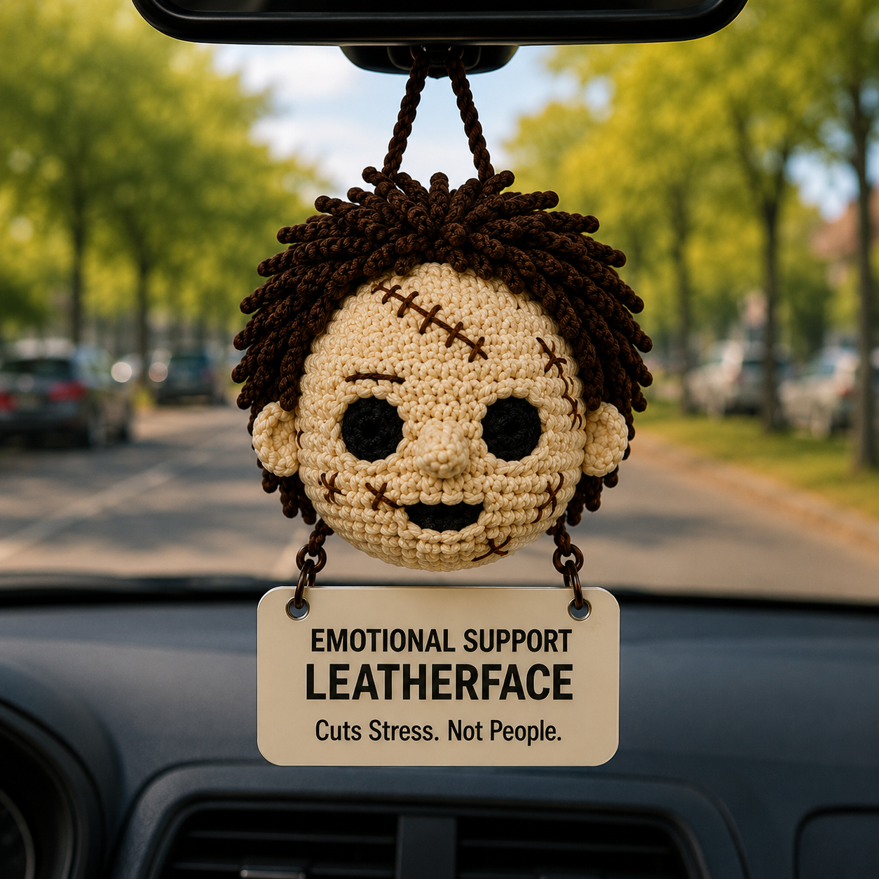 Emotional Support Leatherface Crochet Car Hanging Ornament – Cuts Stress, Not People