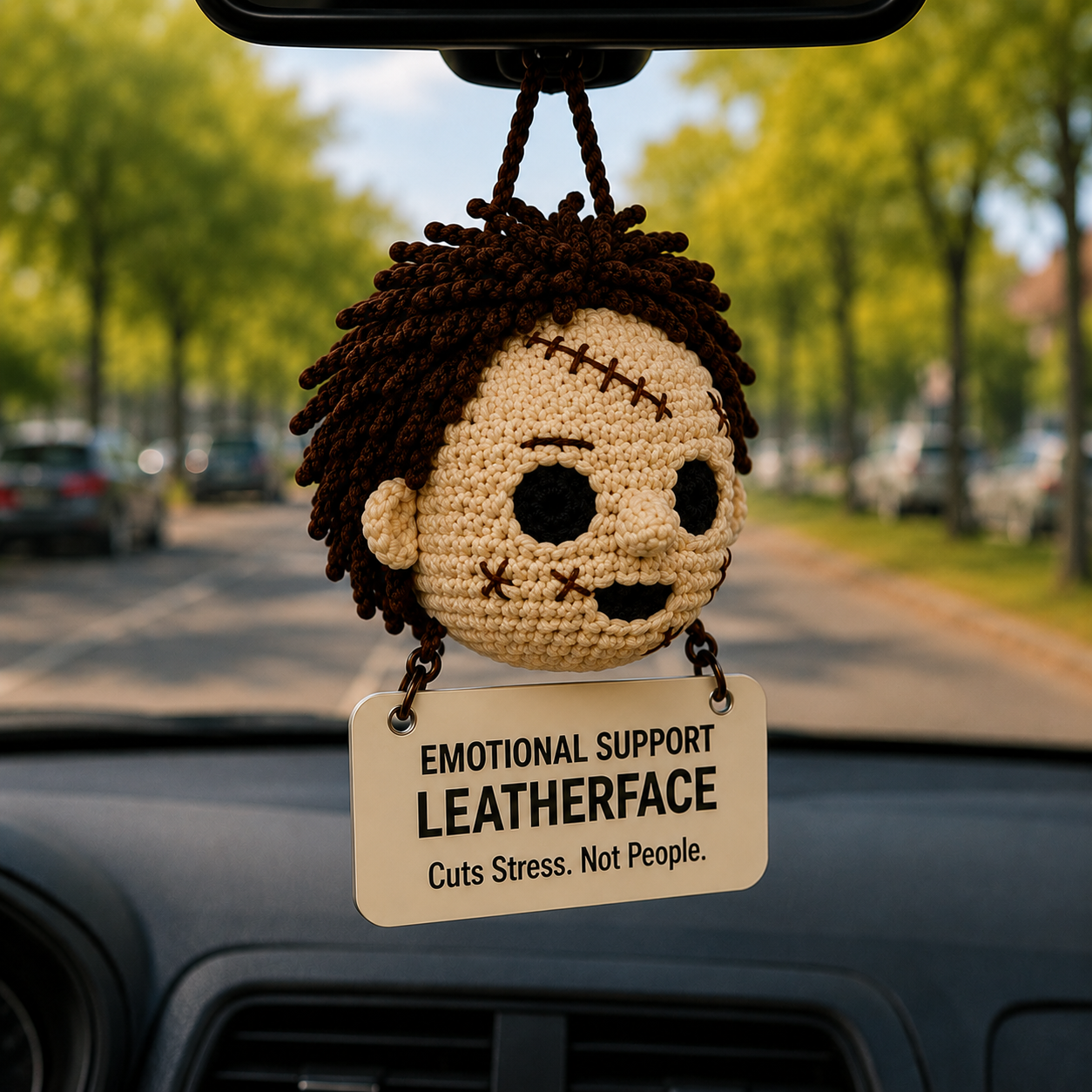 Emotional Support Leatherface Crochet Car Hanging Ornament – Cuts Stress, Not People - Image 3