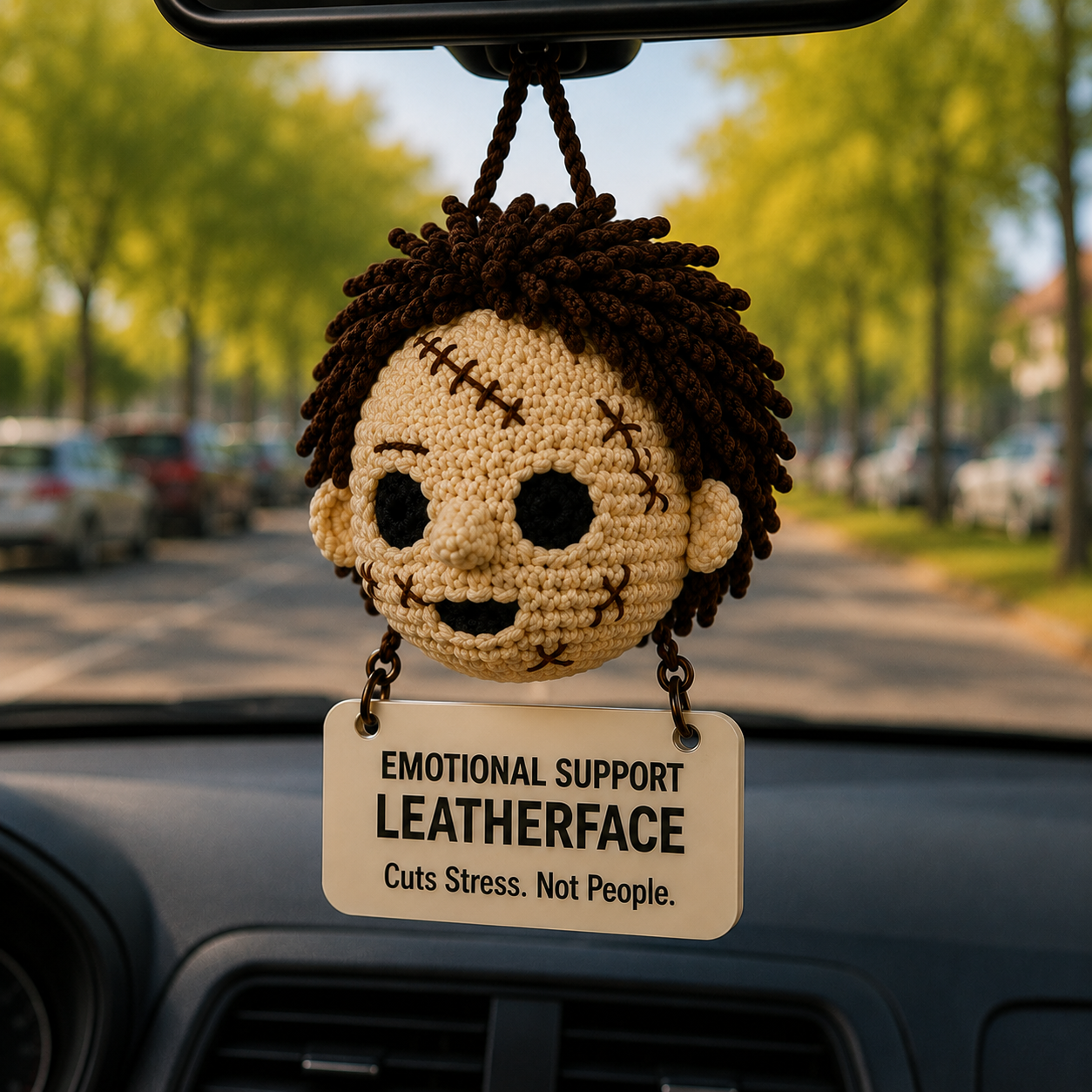 Emotional Support Leatherface Crochet Car Hanging Ornament – Cuts Stress, Not People - Image 2
