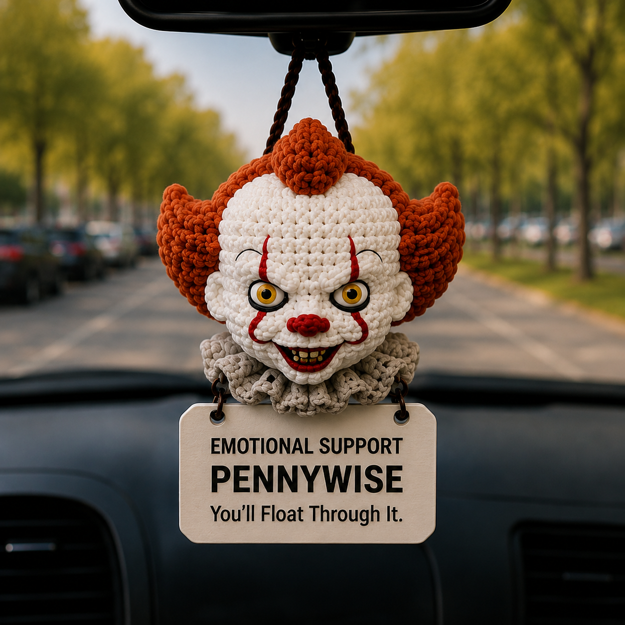 Emotional Support Pennywise Crochet Car Hanging Ornament – You’ll Float Through It