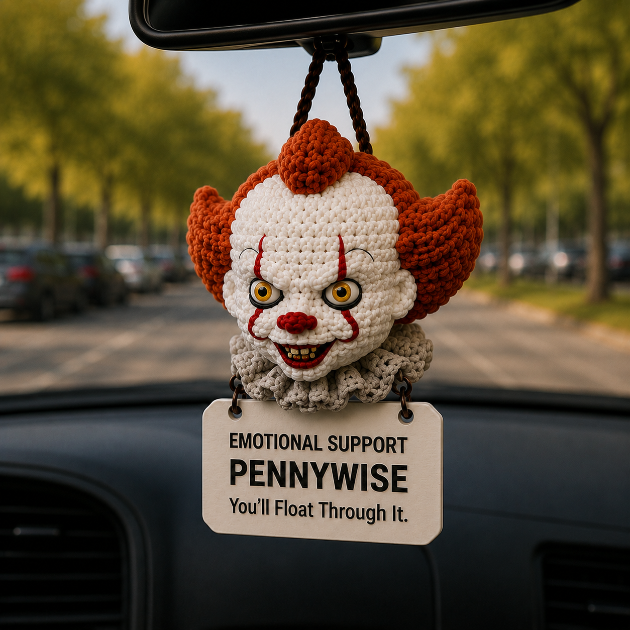 Emotional Support Pennywise Crochet Car Hanging Ornament – You’ll Float Through It - Image 4