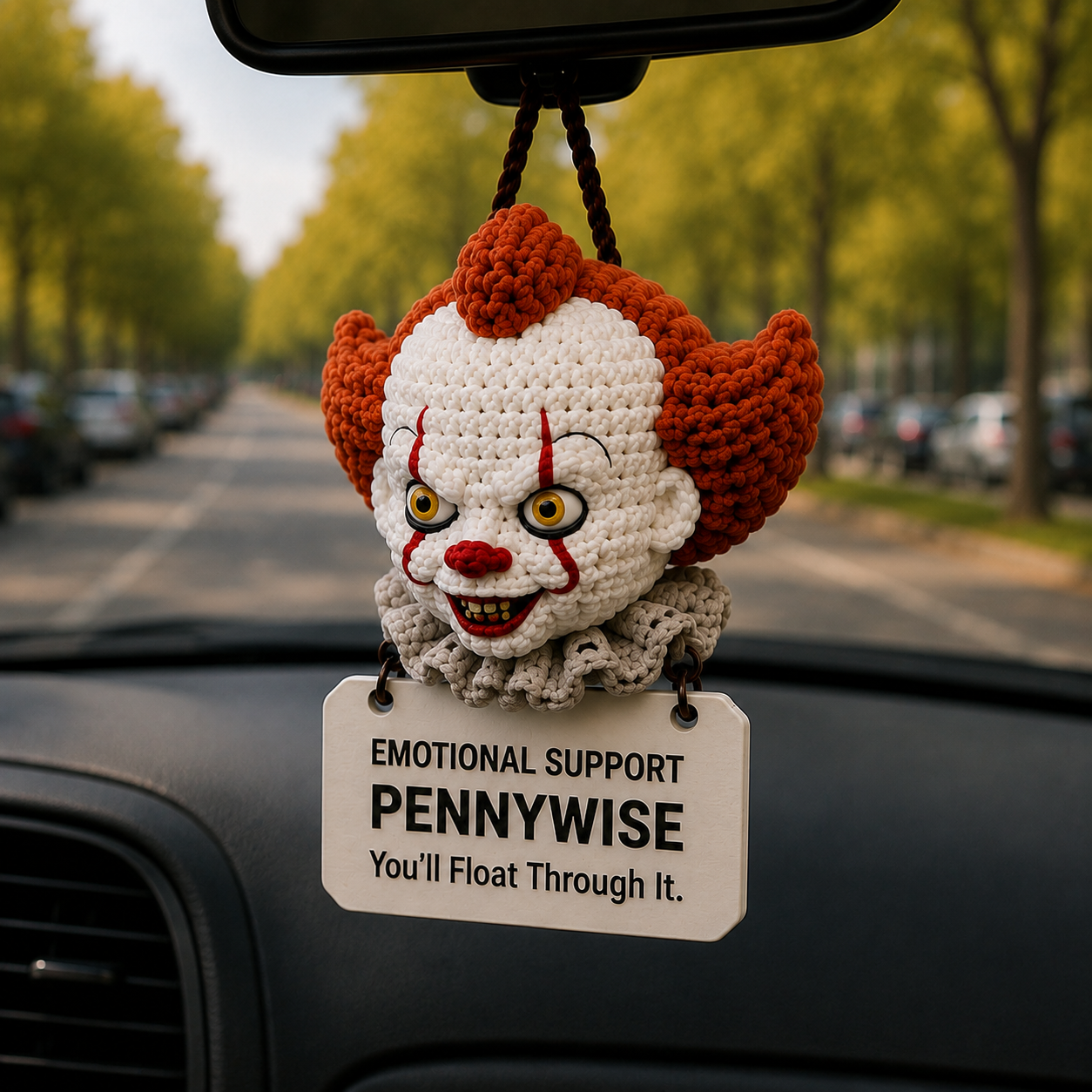 Emotional Support Pennywise Crochet Car Hanging Ornament – You’ll Float Through It - Image 3