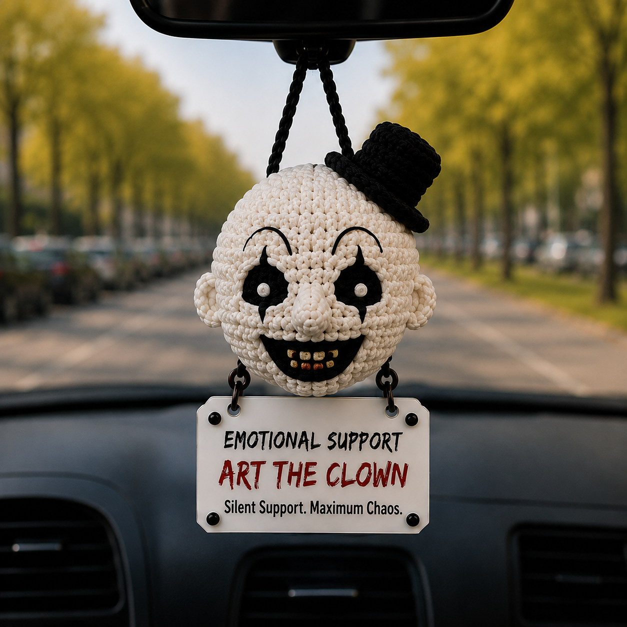 Emotional Support Art the Clown Crochet Car Hanging Ornament – Silent Support, Maximum Chaos