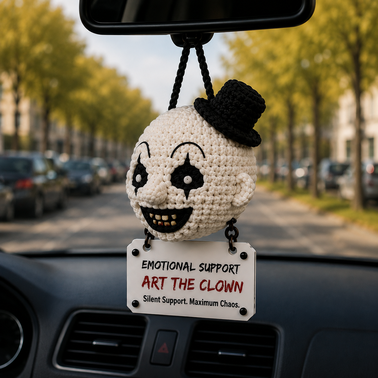 Emotional Support Art the Clown Crochet Car Hanging Ornament – Silent Support, Maximum Chaos - Image 3