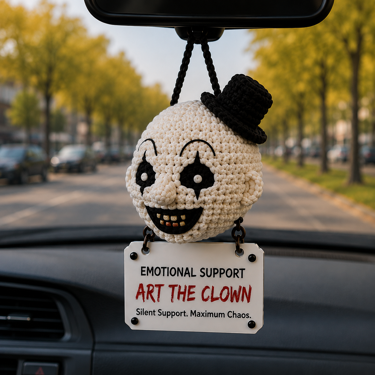 Emotional Support Art the Clown Crochet Car Hanging Ornament – Silent Support, Maximum Chaos - Image 2