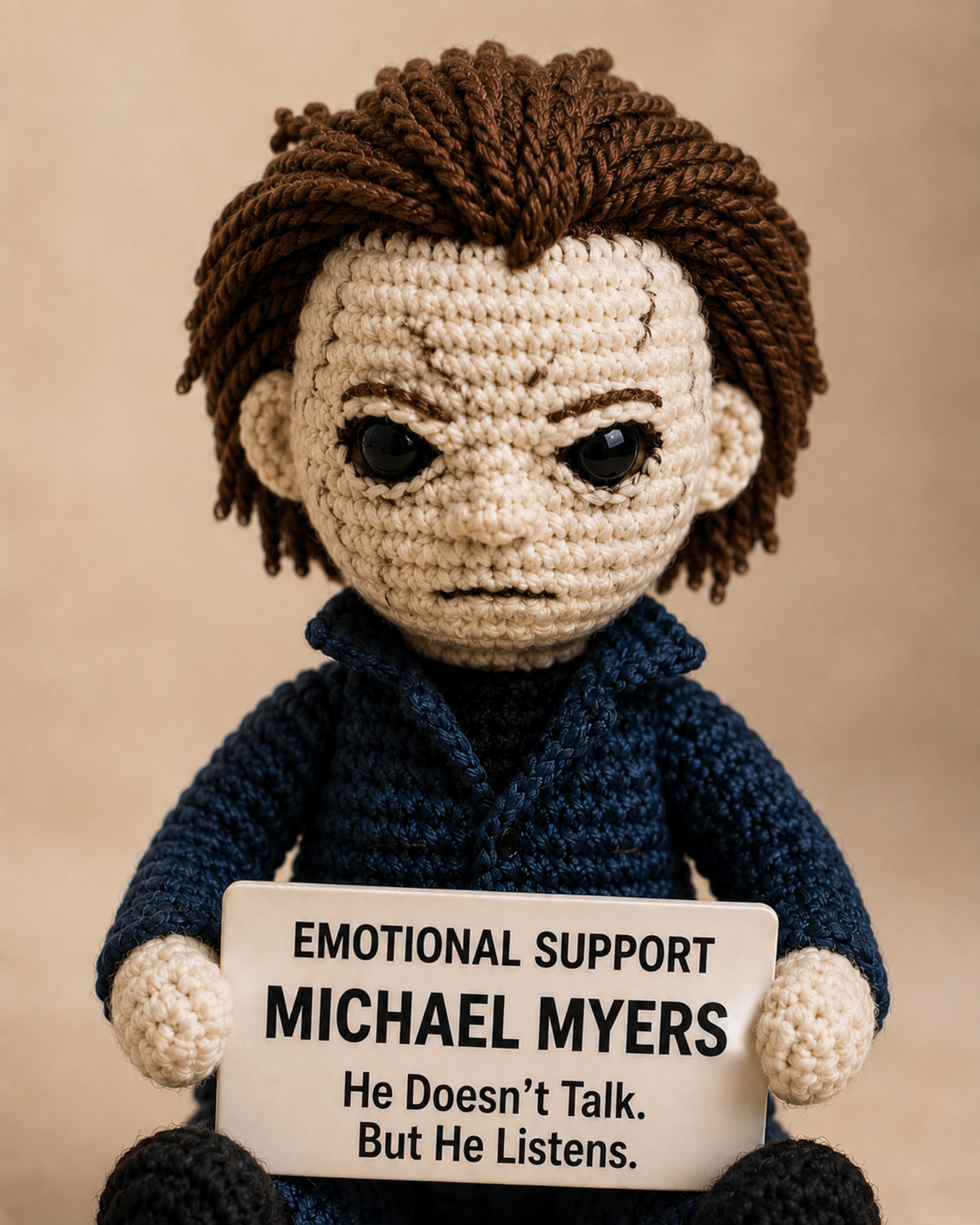 Emotional Support Michael Myers (He Doesnβt Talk. But He Listens.) - Handcrafted Crochet Horror Collector Doll(12 cm| 15 cm| 20 cm| 30 cm)