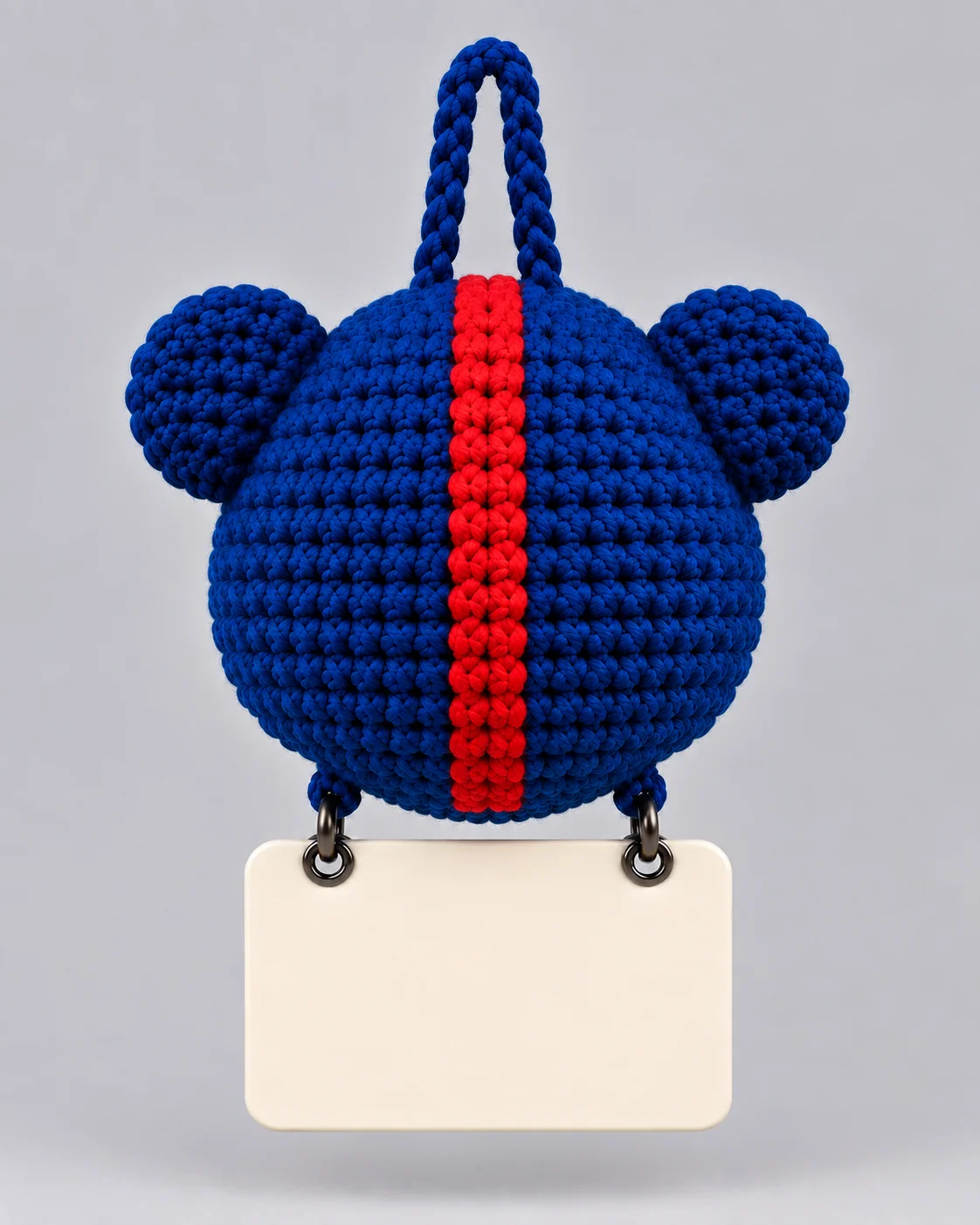 Back view of the Big Blue crochet car hanging with a blank plaque