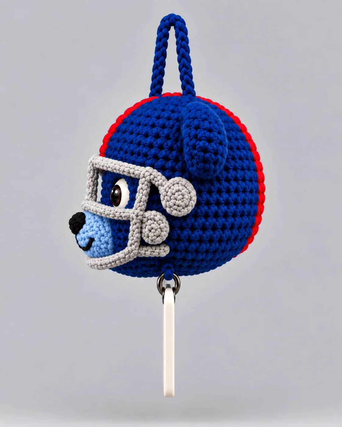 Side view of the Big Blue crochet car hanging