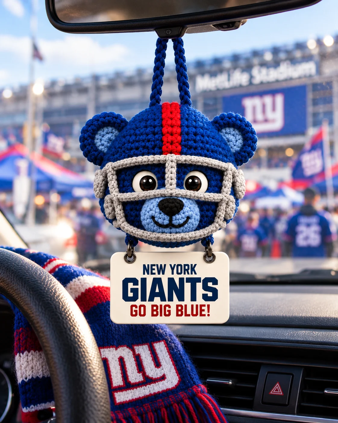 Big Blue crochet car hanging on a car rearview mirror at the stadium