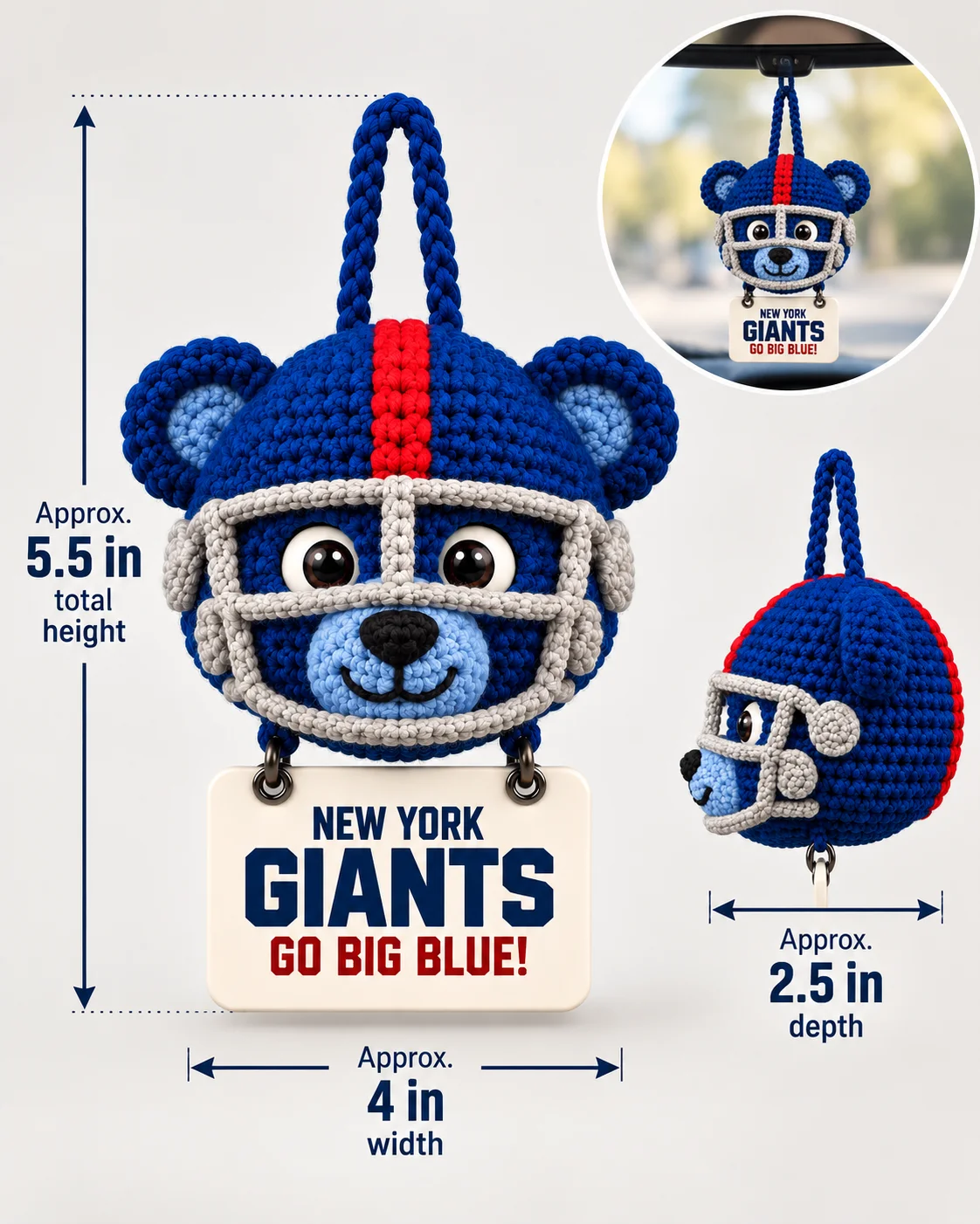 Big Blue car hanging size: about 5.5 in tall, 4 in wide and 2.5 in deep