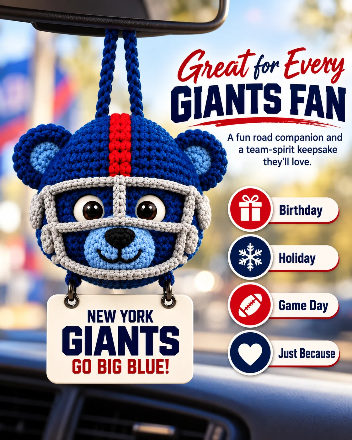 Big Blue crochet car hanging, a team-spirit gift for every fan