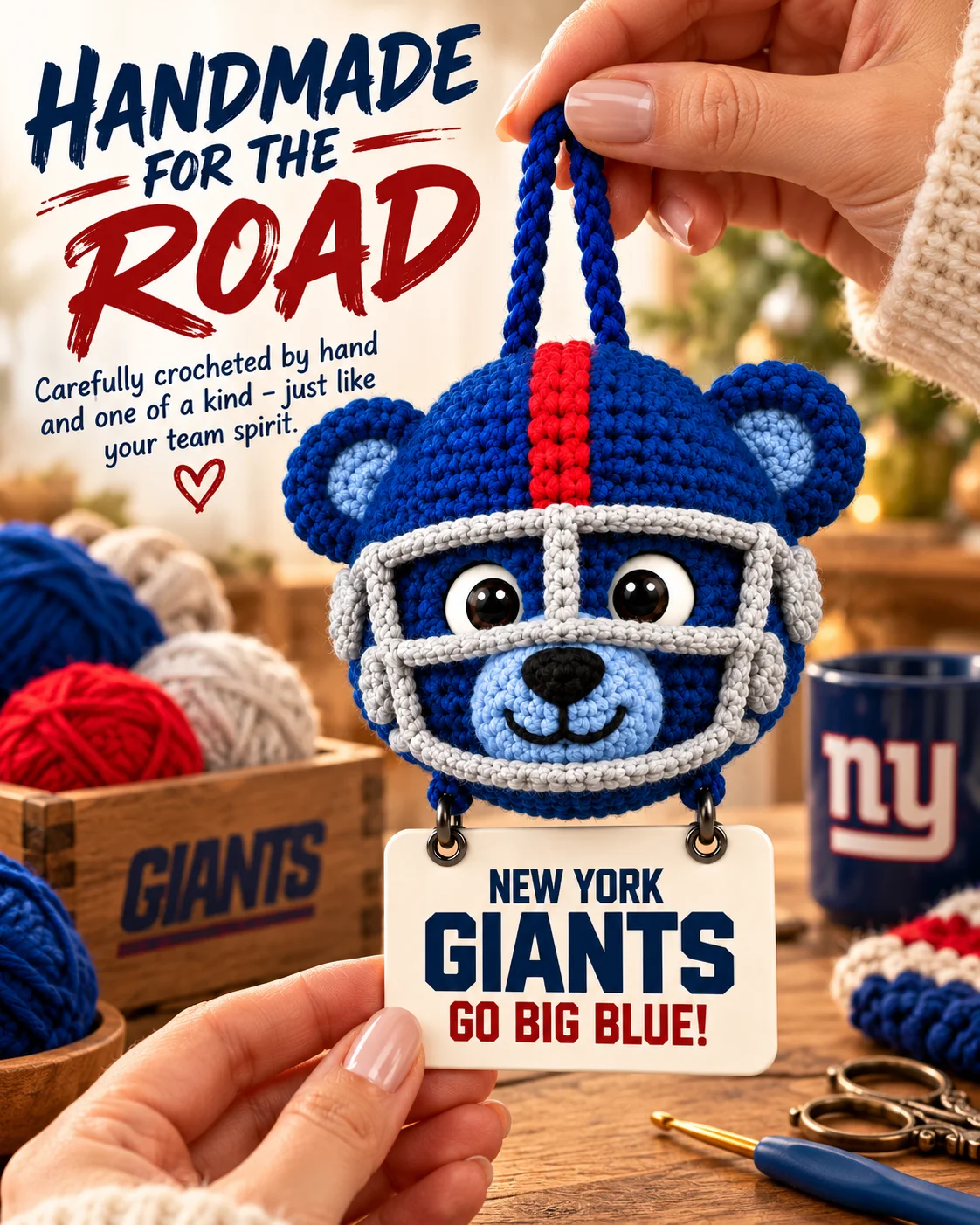 Hand-crocheting the Big Blue car hanging