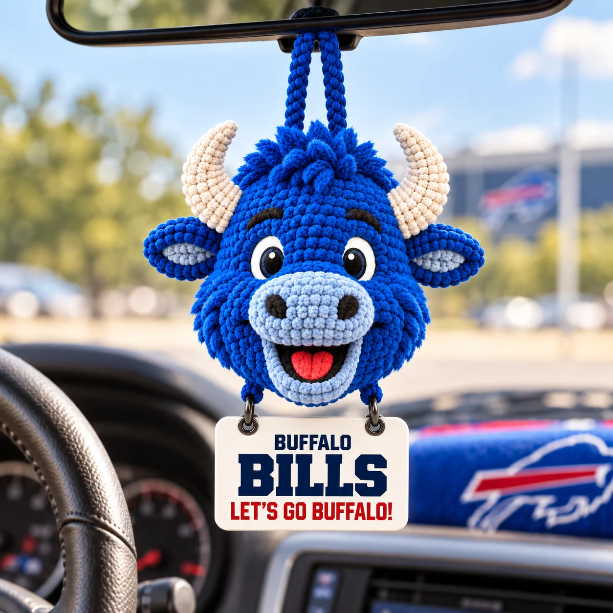 Bills Mafia crochet car hanging on a car rearview mirror