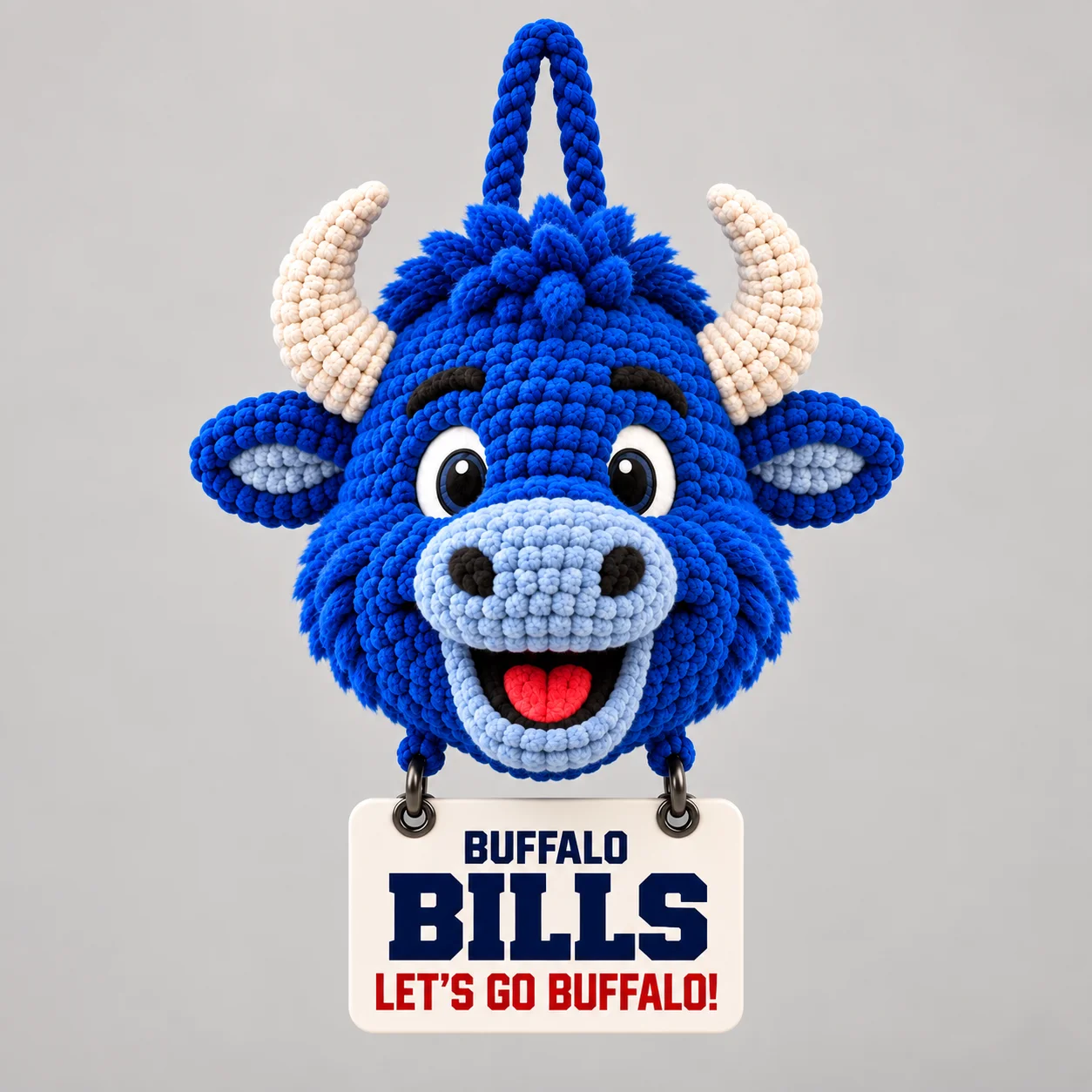 Front view of the Bills Mafia crochet car hanging with its team plaque