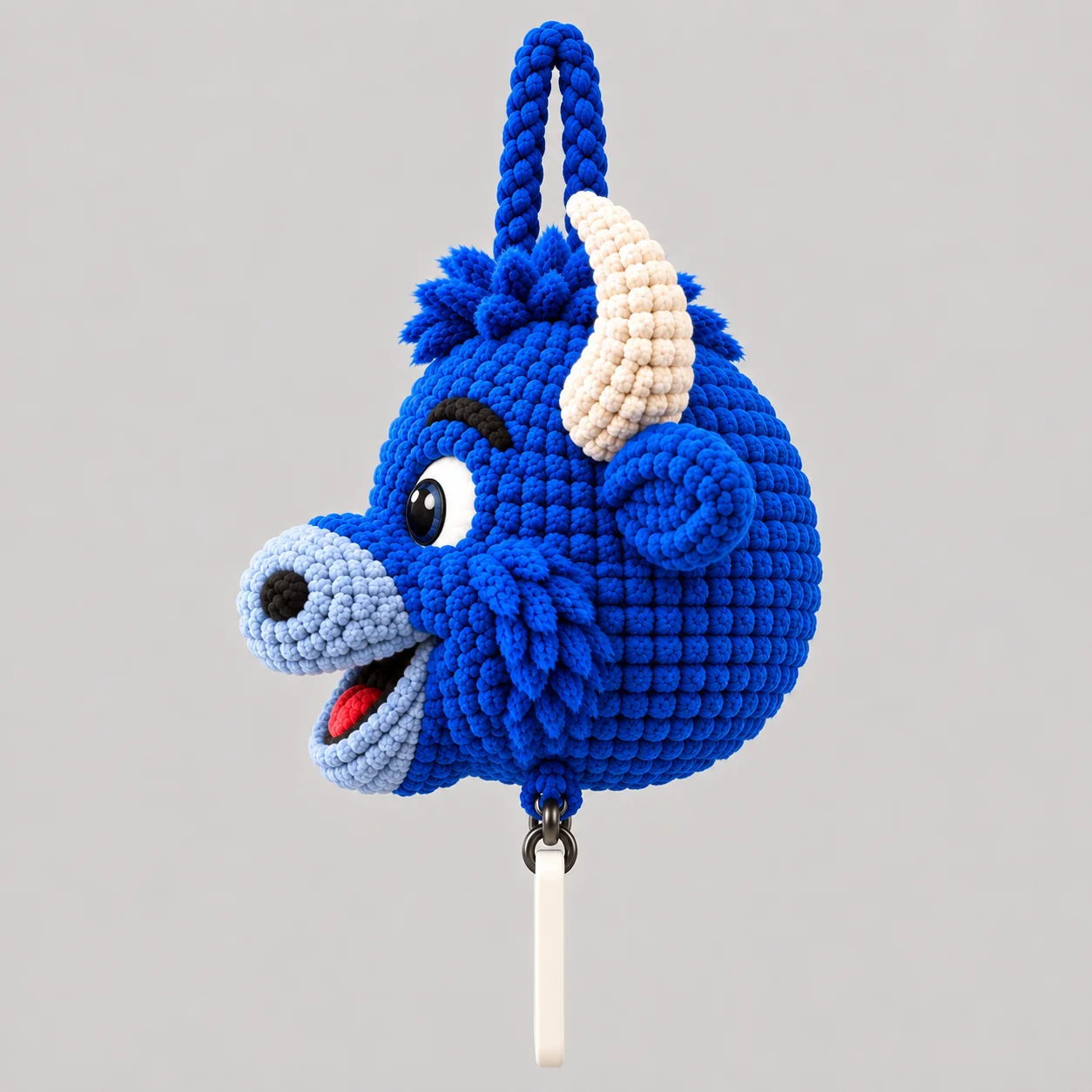 Side view of the Bills Mafia crochet car hanging