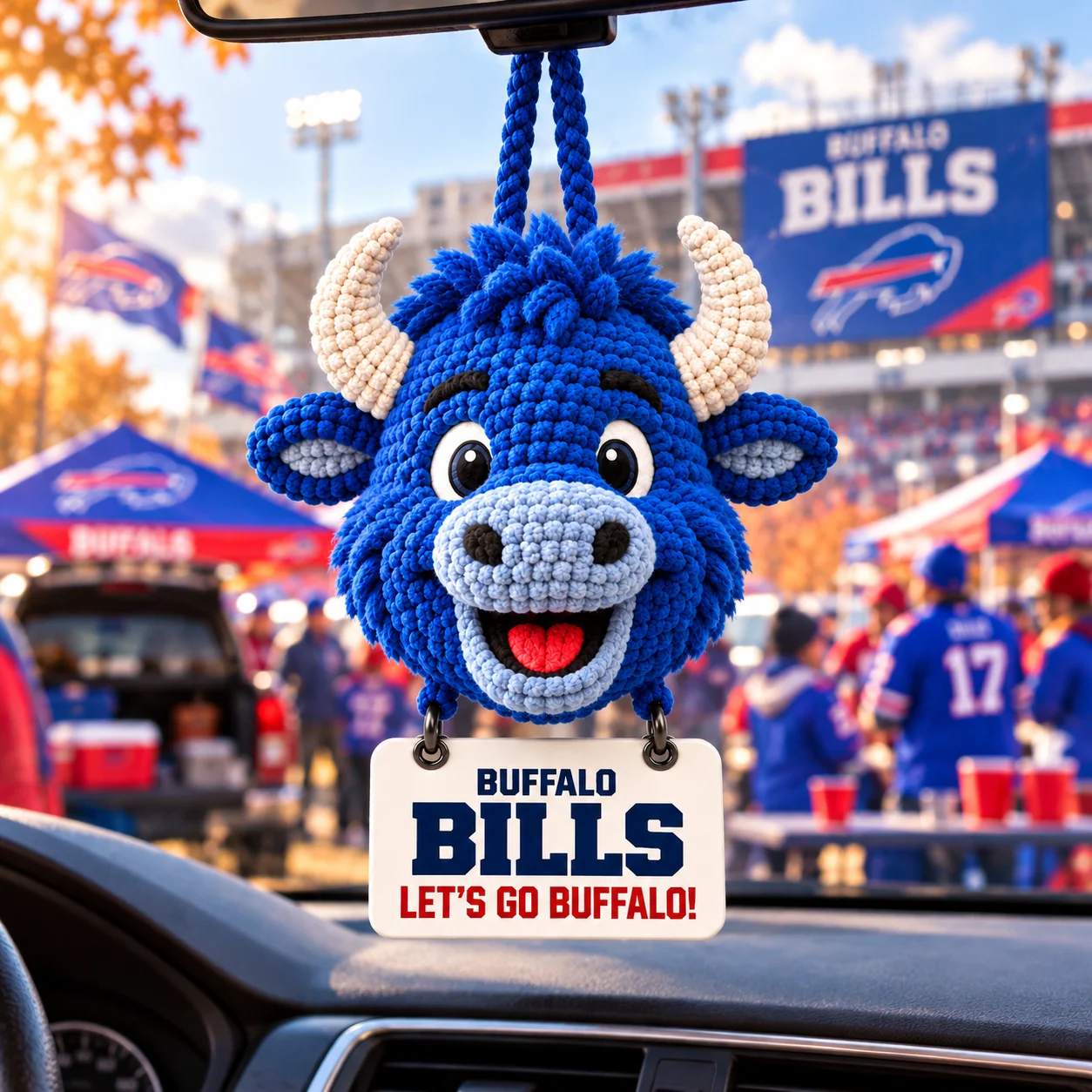 Bills Mafia crochet car hanging in a car at a stadium tailgate