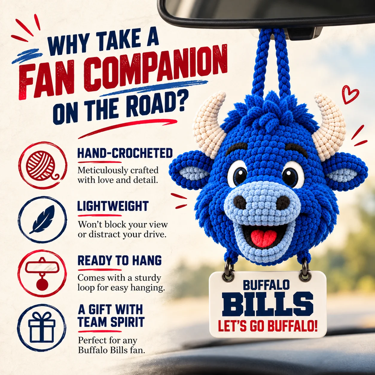 Bills Mafia car hanging features: hand-crocheted, lightweight, ready to hang, a gift with team spirit