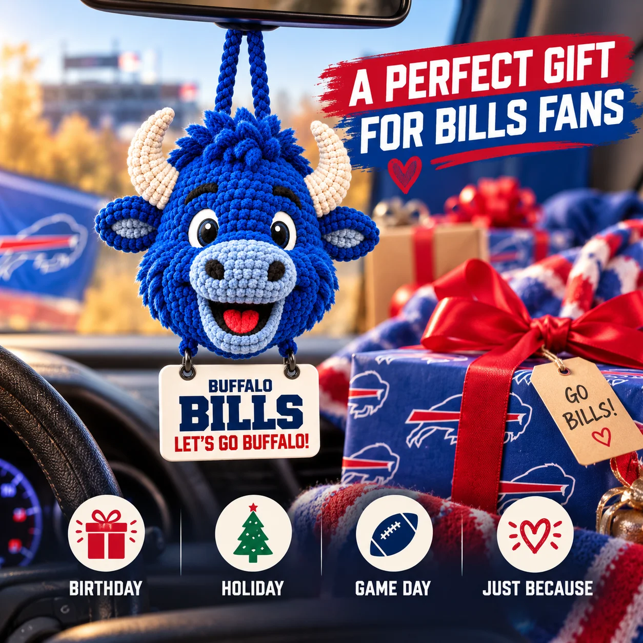 Bills Mafia crochet car hanging as a gift for birthdays, holidays and game day