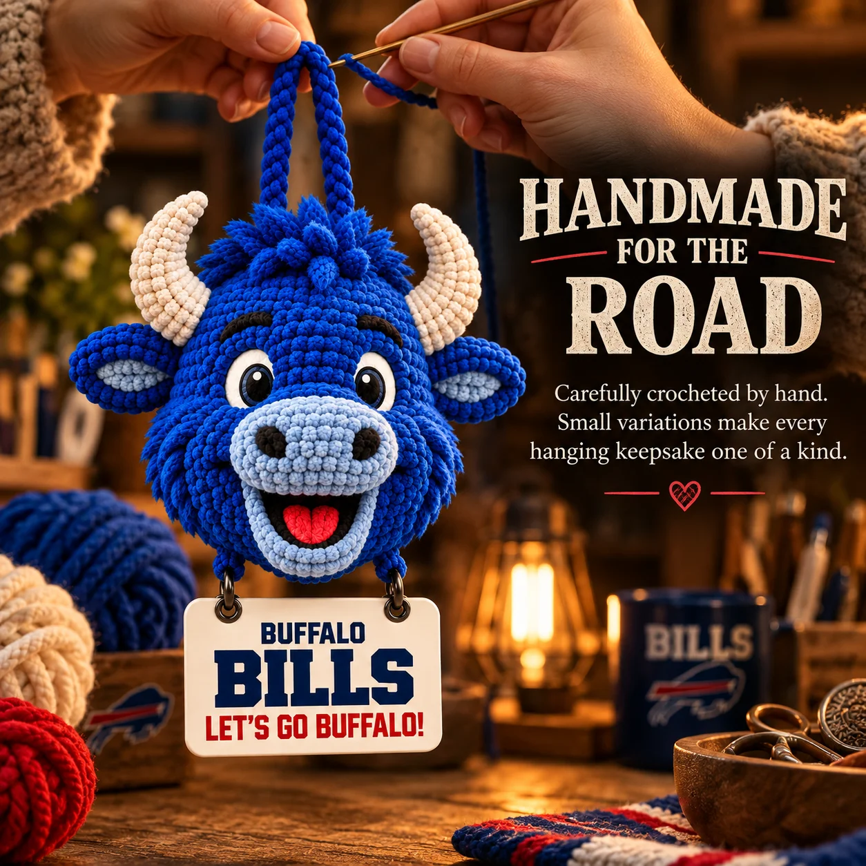 Hand-crocheting the Bills Mafia car hanging