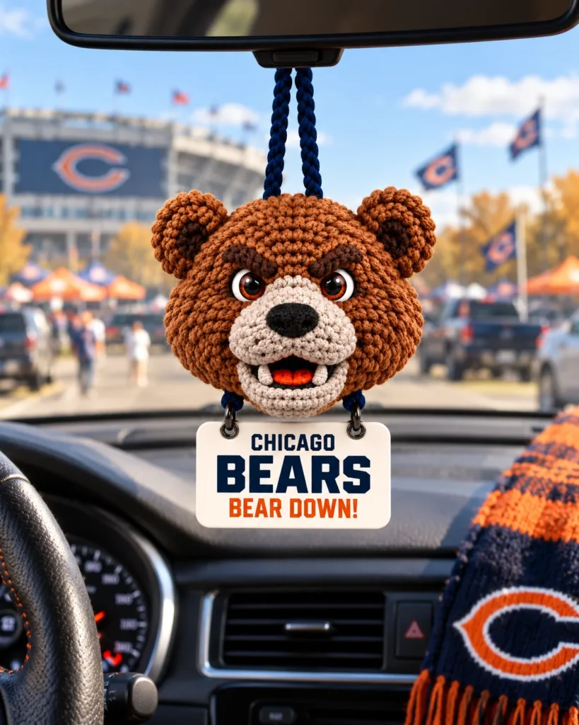 Da Bears crochet car hanging on a car rearview mirror