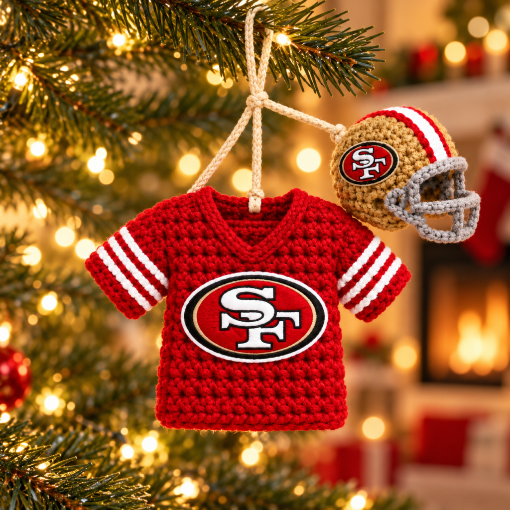 Crochet 49ers Jersey & Helmet Ornament,Handmade Christmas Gift for 49ers Fans