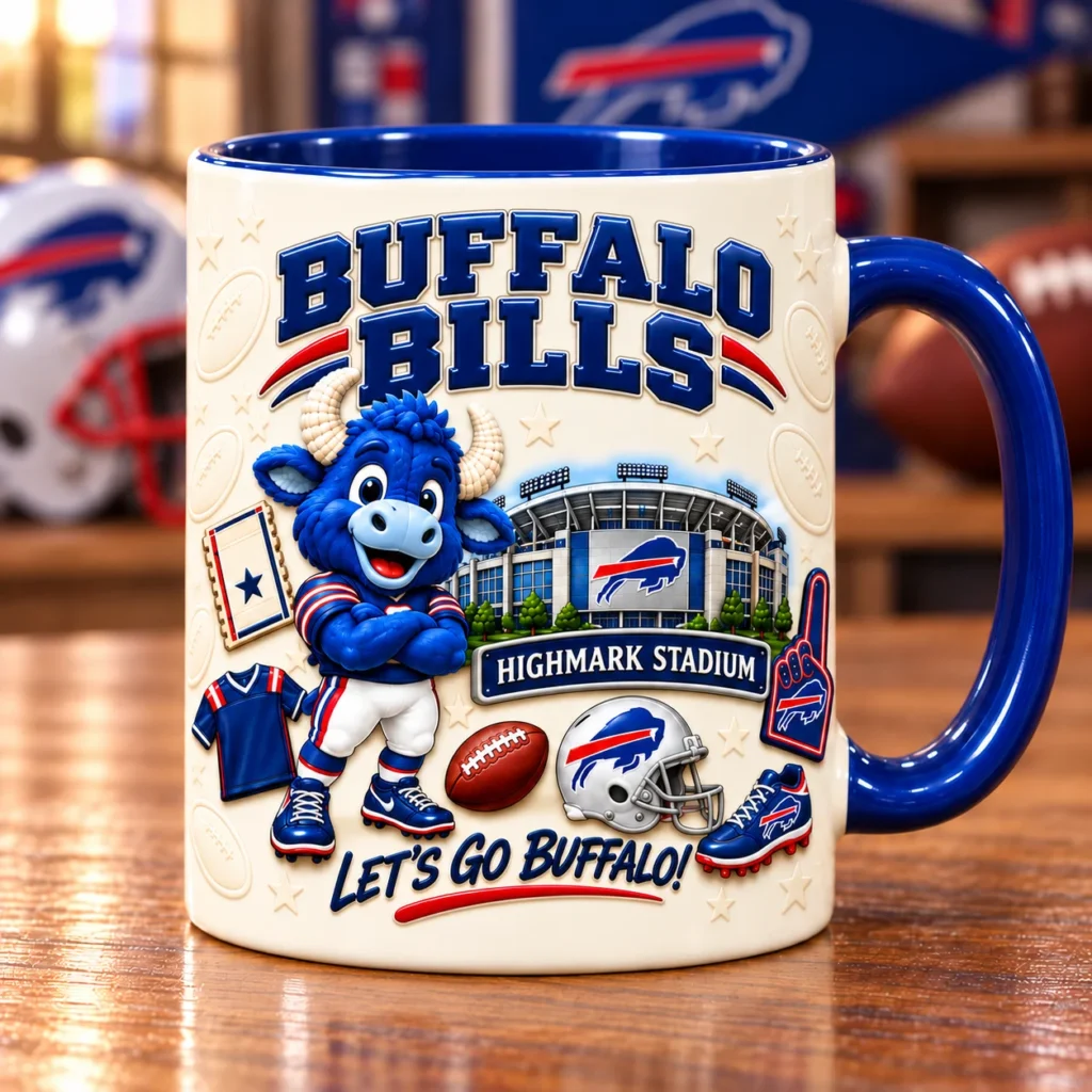 Bills Mafia game day mug with blue buffalo and stadium artwork, royal blue handle