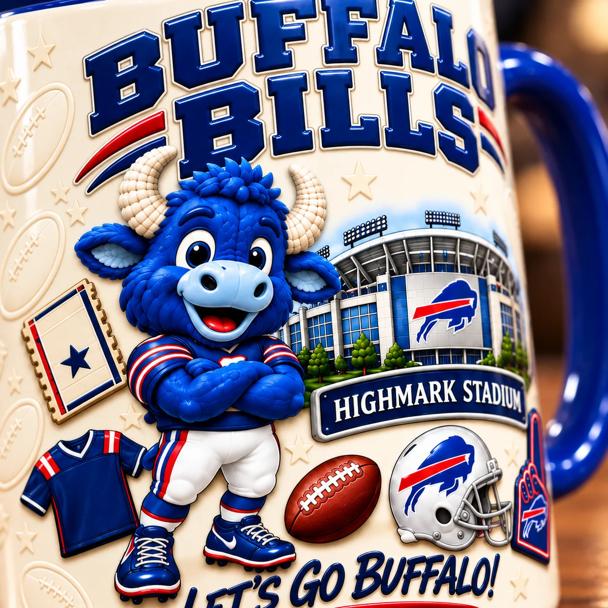 Close-up of the blue buffalo artwork on the Bills Mafia game day mug