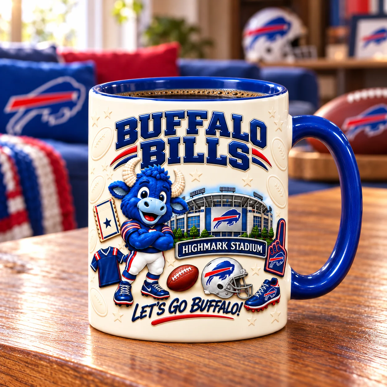 Bills Mafia game day mug filled with coffee on a living room table