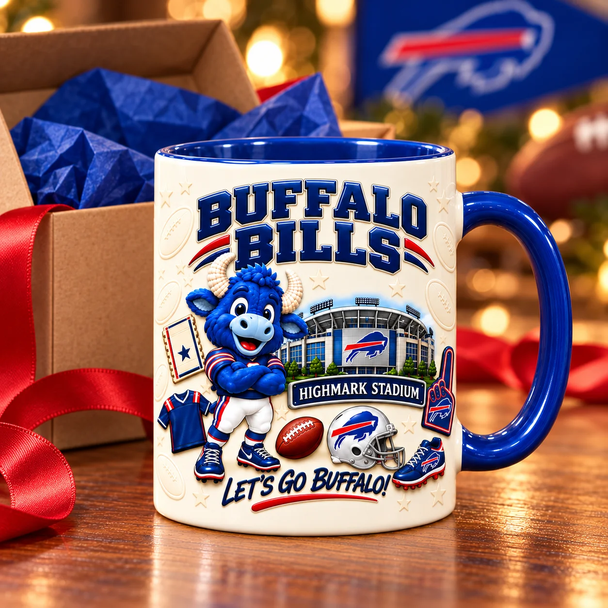 Bills Mafia game day mug beside an open gift box