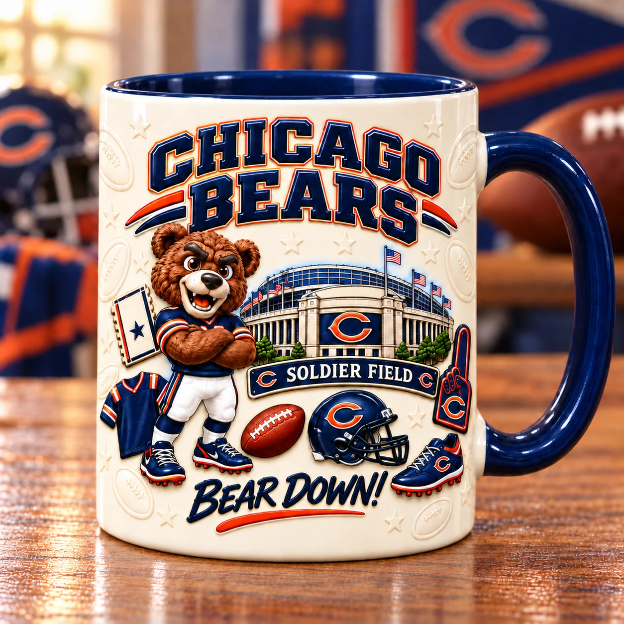 Da Bears game day mug with brown bear and stadium artwork, navy handle