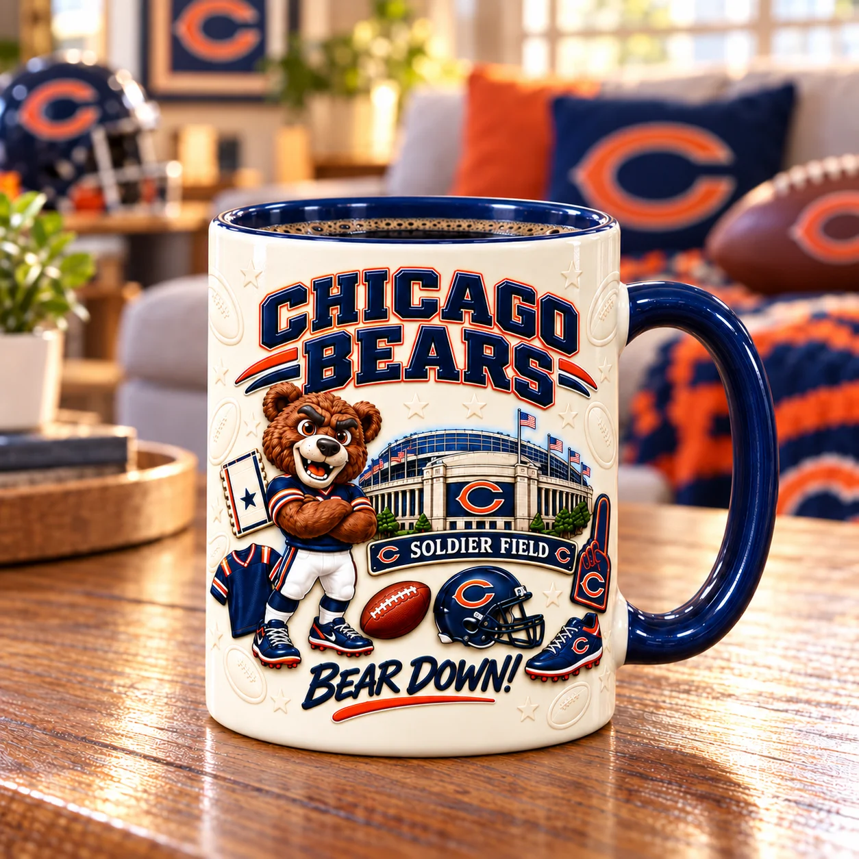 Da Bears game day mug filled with coffee on a living room table
