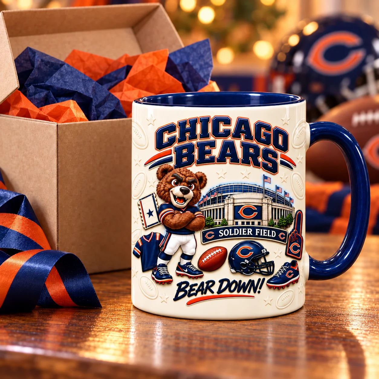 Da Bears game day mug beside an open gift box