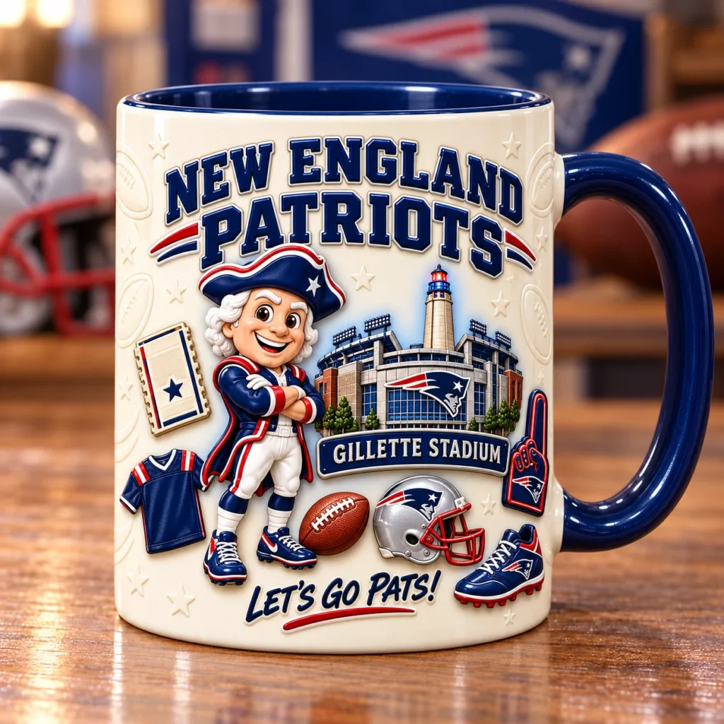 Pats game day mug with minuteman and stadium artwork, navy handle