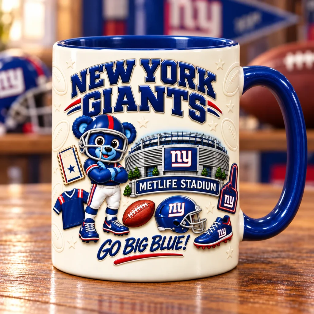 Big Blue game day mug with blue bear and stadium artwork, royal blue handle