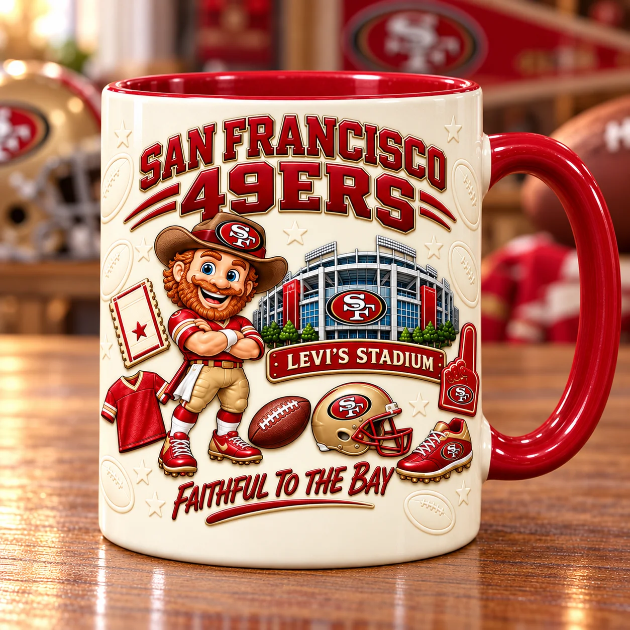 Niners game day mug with bearded prospector and stadium artwork, red handle