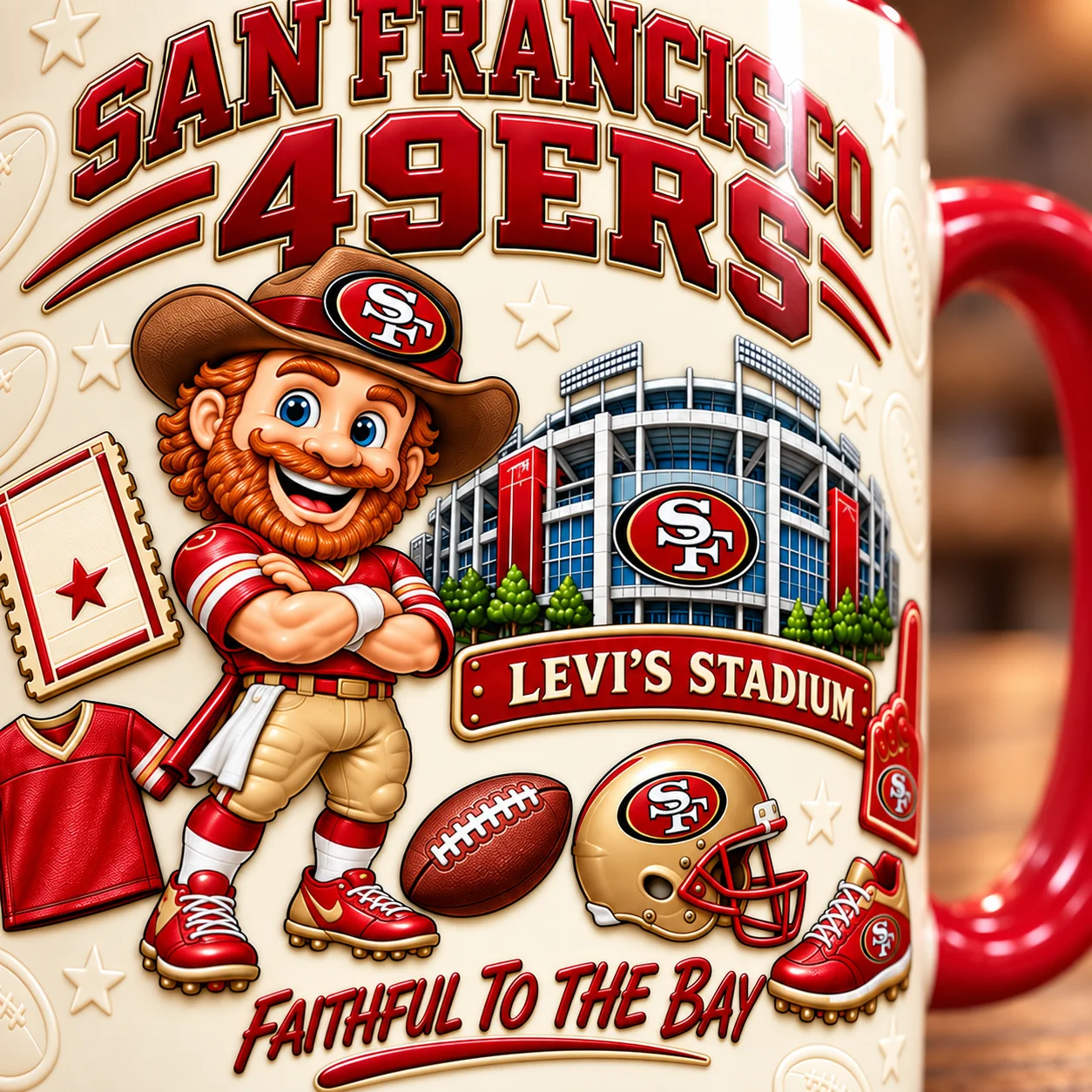 Close-up of the bearded prospector artwork on the Niners game day mug